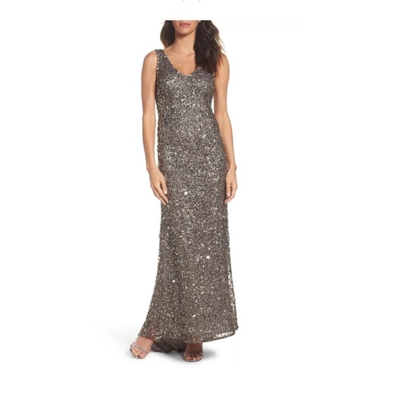 NWT Adrianna Papell V-Neck Sequin A-Line Gown in Lead [SZ‎ 12 ] - Picture 2 of 9